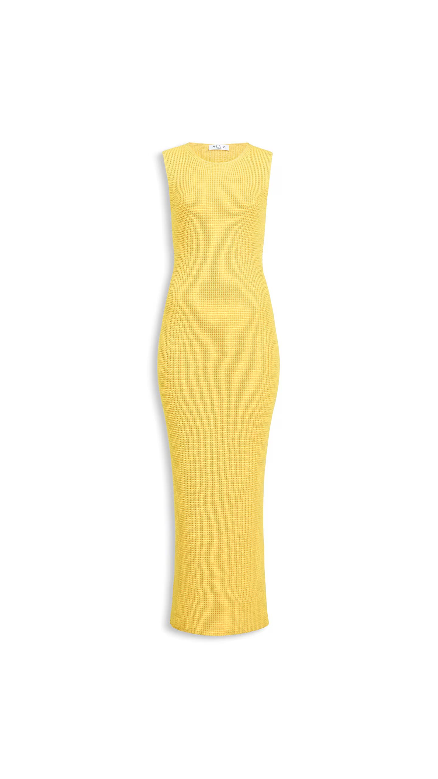 ALAÏA - ALAÏA BEIGE JEWELRY WAFFLE GODETS MIDI DRESS