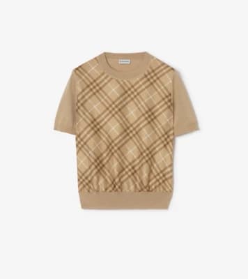 Burberry - Check Panel Wool Silk T-shirt in Camel