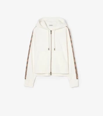 Burberry - Check Trim Cotton Zip Hoodie in Chalk white
