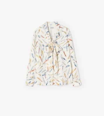 Burberry - Feather Print Silk Scarf Blouse in Ink blue