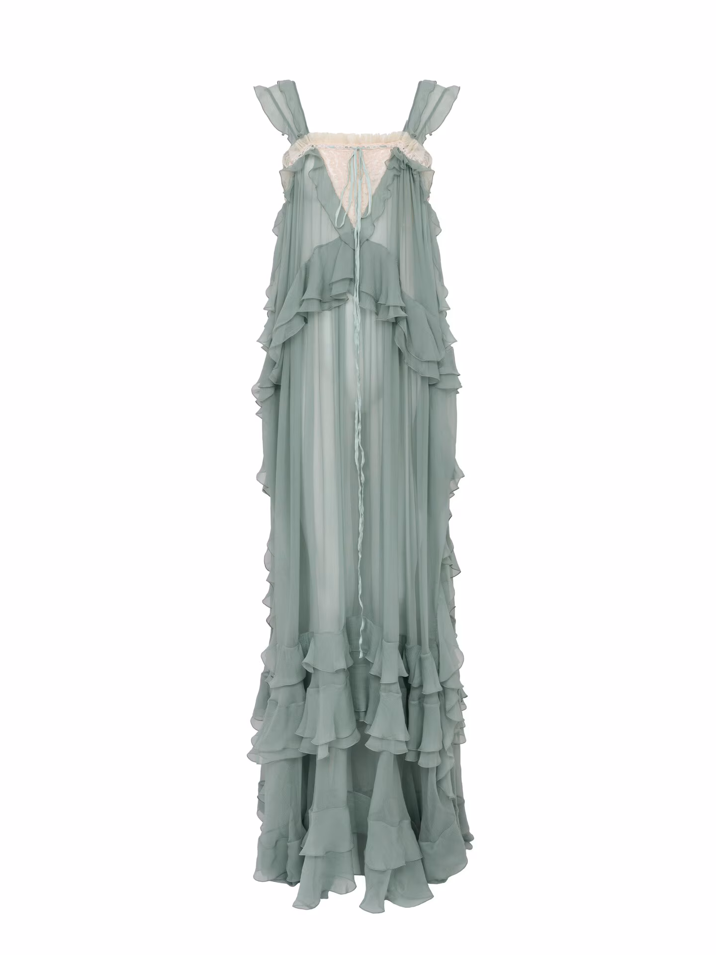Chloé - Sleeveless layered long dress in silk mousseline & lace
