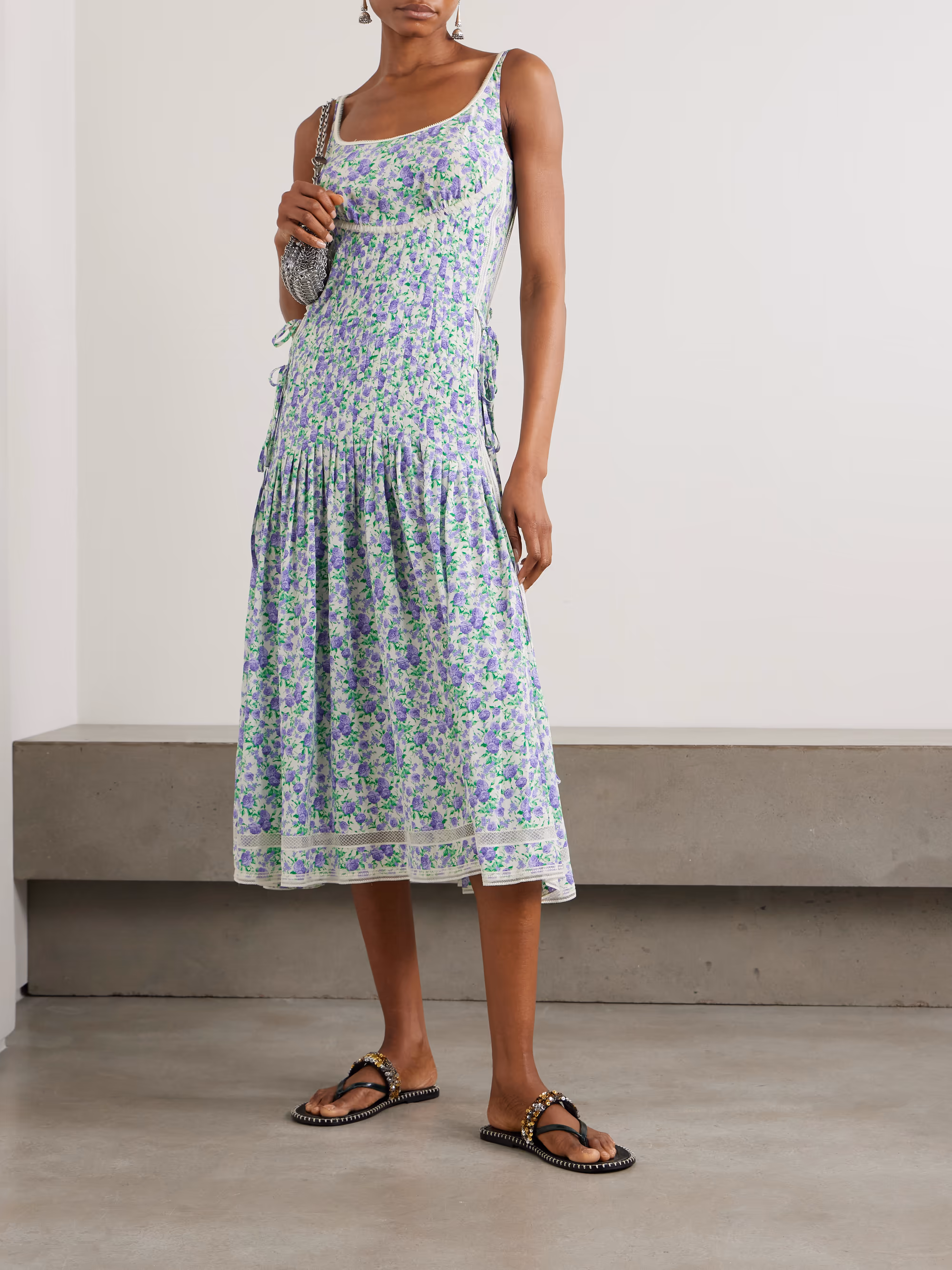 RABANNE - Tie-detailed lace-trimmed pleated floral-print silk midi dress